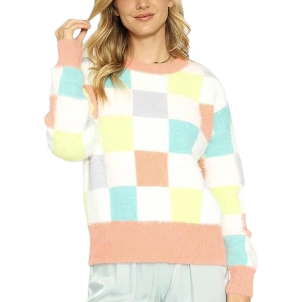 Miss Sparkling Fuzzy Multicolor Check Sweater Pastel Checker Y2K M NWOT